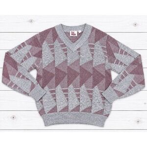 Vintage First Landing V-Neck Sweater Geometric Knit Grandpa Core 90s Mens Large